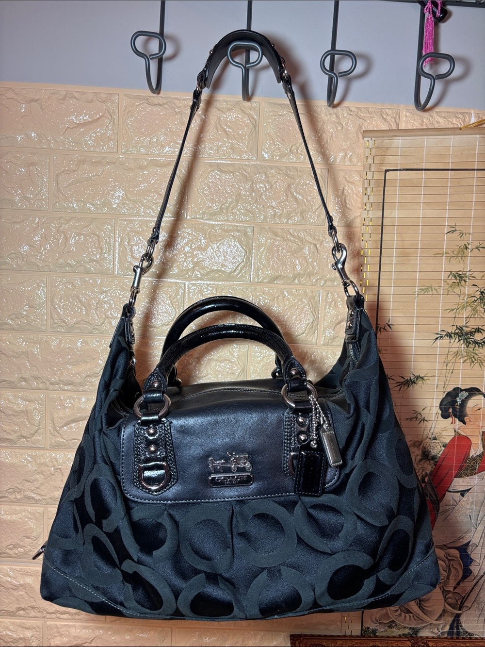 Coach Black Op Art Madison Satchel Leather Handles, Shoulder Strap, Silver Bag - Picture 17 of 17